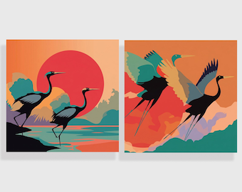 Flying Birds Set of 2, Square Diptych Print, Japandi Wall Art Minimalist Decor, Canes in Flight Red Sun Oriental Poster