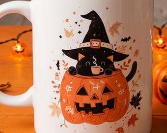 Black Cat Witch Hat Pumpkin Mug, Halloween Ceramic Coffee Mug, Cute Jack O Lantern Cup, Cozy Fall Gift, Autumn Coffee Mug 11oz