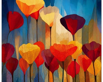 Botanical Wall Art Square, Large Abstract Poppies Canvas Print, Mid Century Modern Bold Orange Teal Floral Painting, Quilted Textile Poster