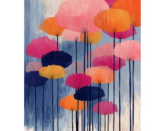 Modern Botanical Art | Pink Blue Abstract Floral Print | Colorful Home Decor Bold Wall Art
