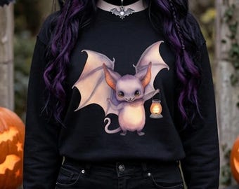 Cute Baby Bat Sweatshirt, Lantern Bat Crewneck, Halloween Sweater, Fantasy Creature Gift, Unisex Fall Top