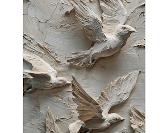 Beige Birds in Flight Print, Sculptural Relief Wall Art, Japandi Neutral Decor, Minimalist Wabi Sabi Poster, Modern Large Statement Piece