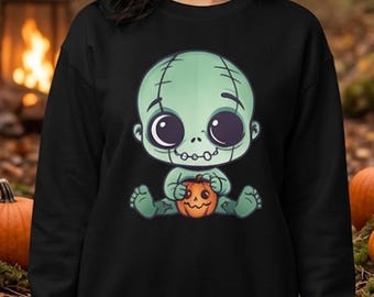 Cute Zombie Baby Sweatshirt, Kawaii Halloween Crewneck, Funny Zombie Pumpkin Sweater, Halloween Gift For Kids