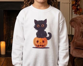 Black Cat Pumpkin Kids Sweatshirt, Cute Halloween Cat Sweater, Funny Jack O Lantern Youth Crewneck, Halloween Pullover for Boys Girls
