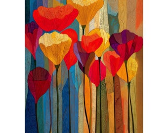 Colourful Abstract Flowers Wall Art, Floral Print, Batik Texture Botanical Poster, Slim Vivid Home Decor, Statement Art Piece