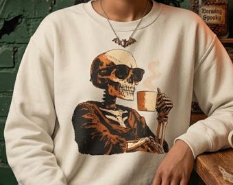 Skeleton Drinking Coffee Sweatshirt | Skull Coffee Crewneck