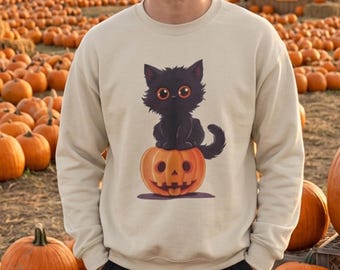 Black Cat Pumpkin Sweatshirt, Cute Halloween Kitten Crewneck, Kawaii Jack O Lantern Sweater, Cat Lover Gift, Fall Cartoon Tee