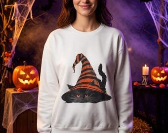 Halloween Sweatshirt Witchy Cute Black Cat Fall Garment, Longsleeve for Women Men Teens Giftable