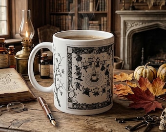Witches Dance Circle Mug, Hand Drawn Halloween Coffee Mug, Vintage Witchy Illustration Mug, Occult Coffee Cup Gift