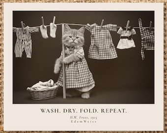 Victorian Cat Laundry Photo | Wash Dry Fold Repeat | Funny Bridesmaid and White Elephant Gift | Sarcastic Laundry Utility Room Decor