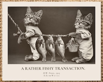 Victorian Cats Fishing Photo | Quirky Kitchen & Café Decor | Cat Lover and Mother's Day Gift | Funny Retro | Custom Quote Print