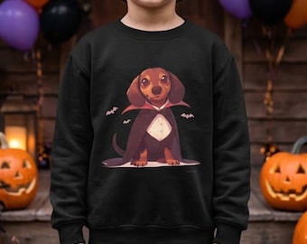 Vampire Dachshund Kids Sweatshirt, Cute Halloween Dog Sweater, Funny Weiner Dog Costume Shirt, Toddler Boys Girls Halloween Top