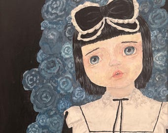 Gothic Lolita Girl Painting | Original Acrylic Artwork | Blue Rose Portrait | Black Canvas Dark Fantasy Wall Decor