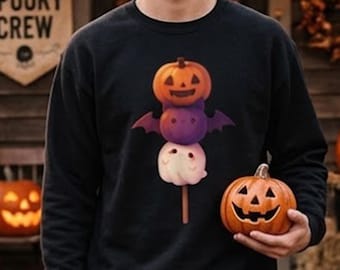 Kawaii Halloween Dango Sweatshirt, Cute Pumpkin Bat Ghost Crewneck, Spooky Mochi Skewer Sweater, Halloween Candy Gift