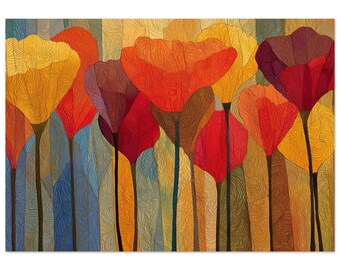Abstract Floral Print, Batik Style Poppies, Large Horizontal Wall Art, Colorful Botanical Poster | Unframed, Framed & Stretched Canvas