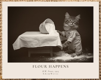 Funny Cat Quote Photo "Flour Happens", Victorian Art, Vintage Cat Lover Sepia Art, Gift for Baker Chef | Custom Quote Printable | Un/Framed