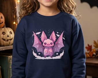 Pink Bat Halloween Kids Sweatshirt, Cute Spooky Bat Sweater, Pastel Goth Youth Crewneck, Halloween Pullover for Boys Girls