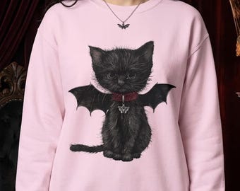 Bat Cat Sweatshirt, Gothic Black Kitten Crewneck, Cute Halloween Sweater, Vampire Cat Shirt, Cat Lover Gift