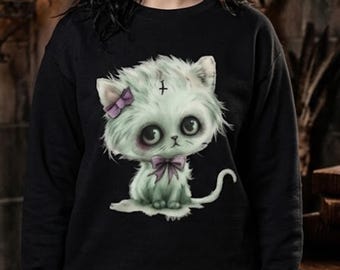 Creepy Cute Cat Sweatshirt, Zombie Kitten Crewneck, Pastel Goth Halloween Sweater, Undead Cat Gift, Kawaii Horror Tee