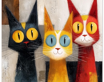 Vibrant Abstract Cat Trio Print | Whimsical Animal Wall Art, Dopamine Decor