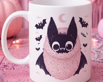 Halloween Coffee Mug, Cute Bat Coffee Cup, Spooky Season Coffee Lover Gift, Kawaii Halloween Cup