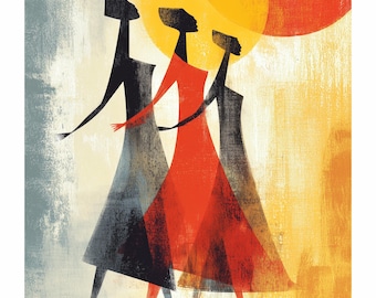 Mid Century Modern Women Art Print, Terracotta Sisterhood Decor, Abstract African Silhouette Poster, Minimalist Boho Large Statement Piece