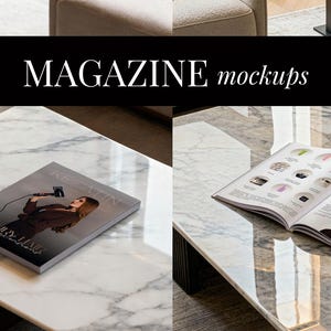 May include: Two magazine mockups on a marble-topped coffee table. One magazine is closed, displaying a woman holding a camera. The other is open, showcasing a layout with images. The text "MAGAZINE mockups" is displayed.