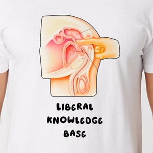 May include: White t-shirt featuring a medical illustration of a jaw joint with the text "LIBERAL KNOWLEDGE BASE" in black. The illustration is in shades of red, orange, and beige.