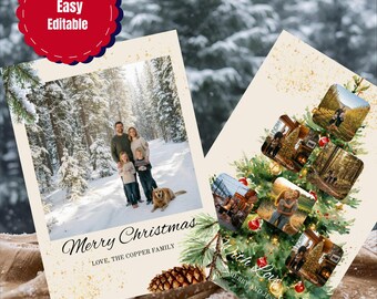 Op de afbeelding: Twee kerstkaarten met familiefoto's. Eén kaart toont een familieportret in een besneeuwd bos, met de tekst "Merry Christmas" en "LOVE, THE COPPER FAMILY". De andere kaart is een kerstboomcollage met de tekst "With Love, MERRY AND JESSE". Een rode cirkel met de tekst "Digital Download Easy Editable" staat linksboven.