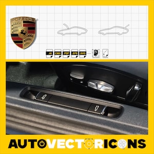 Pode incluir: A imagem apresenta o logotipo da Porsche, contornos de carros e detalhes interiores. O logotipo é um escudo com um cavalo preto e detalhes dourados. Abaixo estão os controles da porta e ajuste do assento. O texto "AUTO VECTOR ICONS" está na parte inferior.