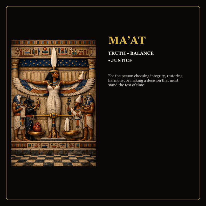 May include: A rectangular wall art print featuring the Egyptian goddess Ma'at with wings spread, weighing a heart against a feather on a scale. The text reads MA'AT, TRUTH &bull; BALANCE &bull; JUSTICE, and a paragraph about integrity and harmony.