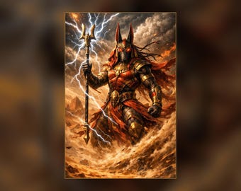 May include: A digital illustration of an anthropomorphic jackal figure wearing red and gold armor, holding a tall staff topped with a trident. The figure stands in a desert landscape with lightning bolts in the sky and swirling dust clouds.