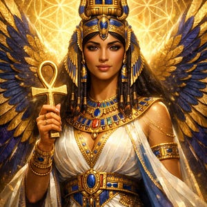Könnte beinhalten: Digitale Illustration einer ägyptischen Göttin. Sie trägt ein weißes und goldenes Kleid, eine blau-goldene Kopfbedeckung und hält ein goldenes Ankh. Ihre Flügel sind mit Blau und Gold detailliert. Der Hintergrund hat ein goldenes, leuchtendes Muster.