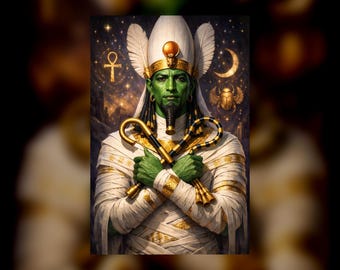 May include: A green-skinned figure dressed in white mummy wrappings with gold accents, wearing a tall white headdress with feathers. The figure holds a gold crook and flail across the chest, set against a dark starry background with an ankh, crescent moon, and scarab beetle symbol.