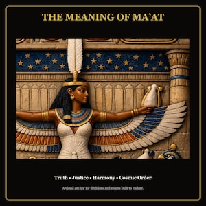 May include: A wall art print titled THE MEANING OF MA'AT featuring an Egyptian figure with wings, a white dress, and a feather headdress. The text below reads Truth &bull; Justice &bull; Harmony &bull; Cosmic Order and A visual anchor for decisions and spaces built to endure.