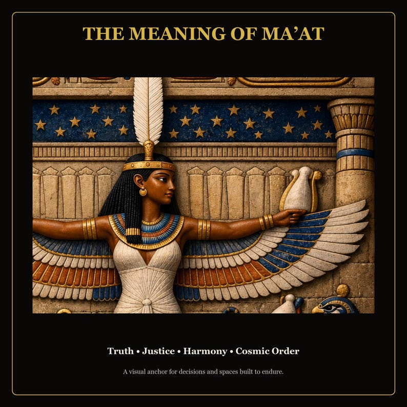 May include: A wall art print titled THE MEANING OF MA'AT featuring an Egyptian figure with wings, a white dress, and a feather headdress. The text below reads Truth &bull; Justice &bull; Harmony &bull; Cosmic Order and A visual anchor for decisions and spaces built to endure.