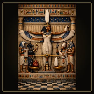 May include: A stone-textured wall relief depicting an Egyptian scene with a central winged figure in a white dress, flanked by deities including Anubis and Horus. A golden scale weighs a red heart against a white feather, surrounded by hieroglyphs.