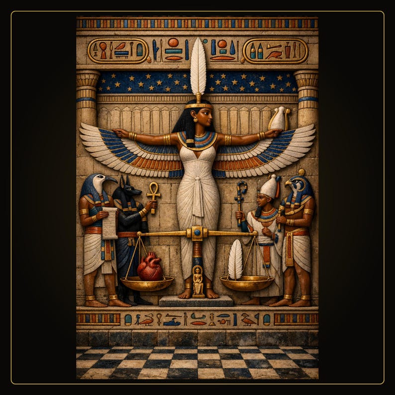 May include: A stone-textured wall relief depicting an Egyptian scene with a central winged figure in a white dress, flanked by deities including Anubis and Horus. A golden scale weighs a red heart against a white feather, surrounded by hieroglyphs.