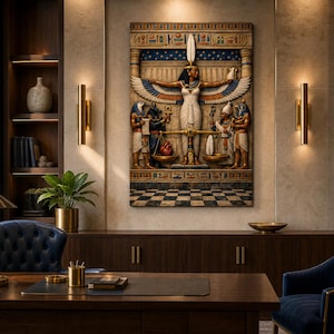 May include: A rectangular wall art piece featuring a detailed relief carving of the Egyptian Weighing of the Heart ceremony. The scene depicts Maat with wings spread, balancing a heart against a feather, surrounded by various Egyptian deities.