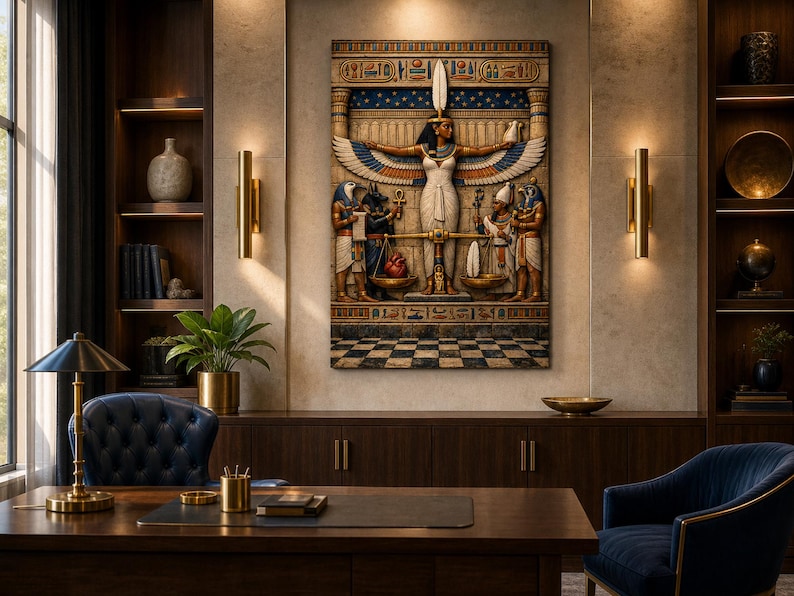 May include: A rectangular wall art piece featuring a detailed relief carving of the Egyptian Weighing of the Heart ceremony. The scene depicts Maat with wings spread, balancing a heart against a feather, surrounded by various Egyptian deities.