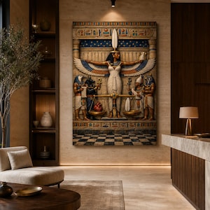 May include: A large rectangular wall art piece featuring a detailed Egyptian scene of Maat with wings spread, weighing a heart against a feather on a golden scale, surrounded by deities including Anubis and Horus, with hieroglyphics above.