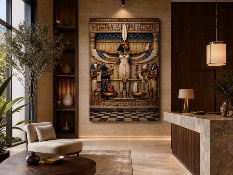 May include: A large rectangular wall art piece featuring a detailed Egyptian scene of Maat with wings spread, weighing a heart against a feather on a golden scale, surrounded by deities including Anubis and Horus, with hieroglyphics above.