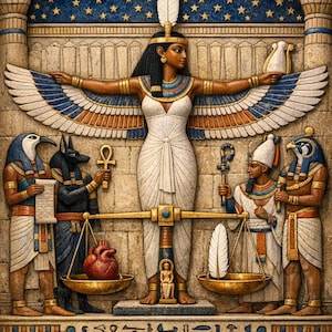 May include: A stone relief carving depicting an Egyptian scene with a central winged figure in a white dress, flanked by deities including Anubis and Horus. A golden scale balances a red heart against a white feather, surrounded by hieroglyphs.