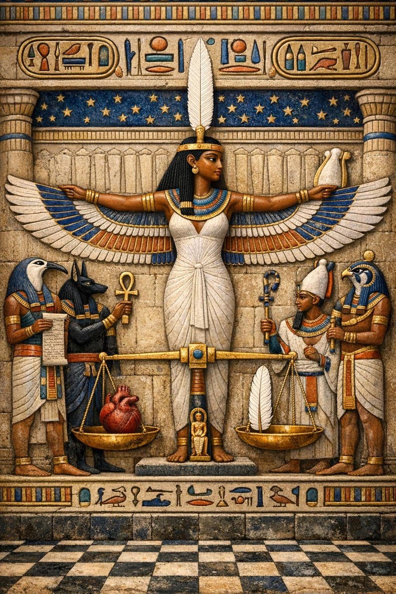 May include: A stone relief carving depicting an Egyptian scene with a central winged figure in a white dress, flanked by deities including Anubis and Horus. A golden scale balances a red heart against a white feather, surrounded by hieroglyphs.