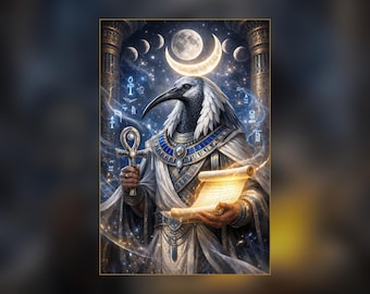 May include: A digital illustration of an ibis-headed figure wearing ornate Egyptian-style robes and a wide collar. The figure holds a glowing ankh and a luminous scroll. Above, a crescent moon and full moon are set against a starry night sky.