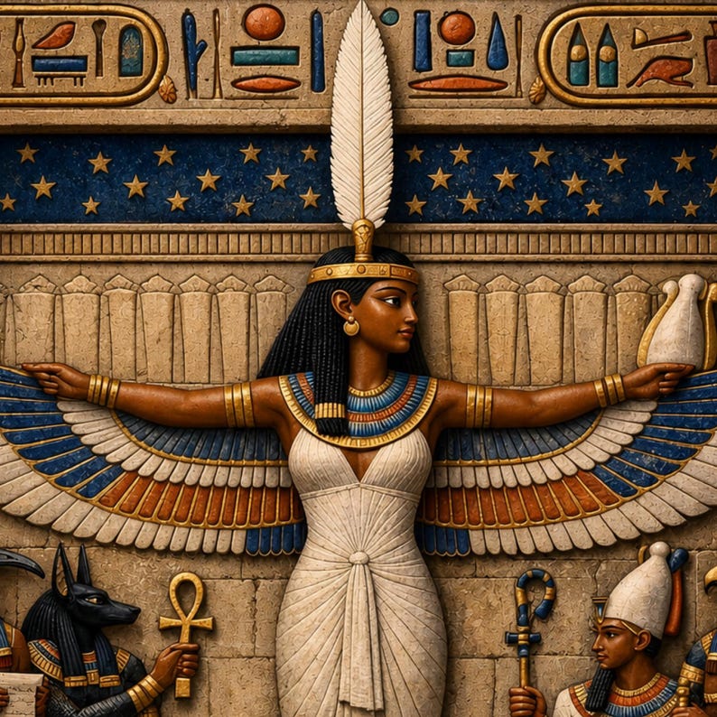 May include: A stone relief carving depicting a central figure with outstretched wings, wearing a white dress, a feathered headdress, and a wide collar. The figure is flanked by an Anubis-like deity and a human figure, with hieroglyphs above.