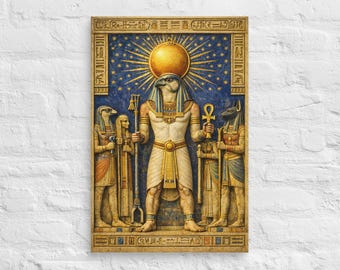 May include: A rectangular wall art print featuring an Egyptian deity with a falcon head and a golden sun disk halo. The central figure holds a staff and an ankh, flanked by four other figures in traditional attire against a deep blue starry sky.