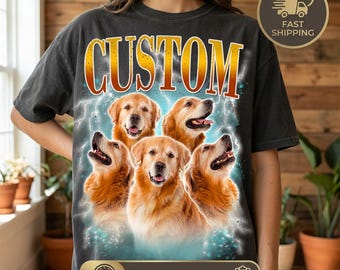 Personlig t-shirt med husdjursporträtt · 90-tals vintage bootleg-stil · foto + namn (hund/katt) · Comfort Colors