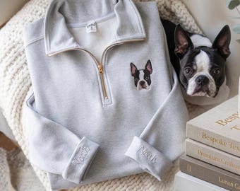 Anpassad broderad tröja med husdjursporträtt och kvarts dragkedja • Personlig minnesgåva för hund eller katt • Minimalistisk linjekonst för husdjursälskare