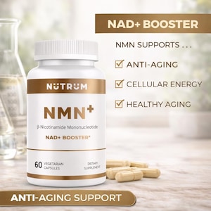May include: A white bottle of Nutrum NMN+ dietary supplement with a gold label and text. The bottle contains 60 vegetarian capsules. The image also includes text that says "Anti-Aging Support" and "NMN Supports... Anti-Aging, Cellular Energy, Healthy Aging."